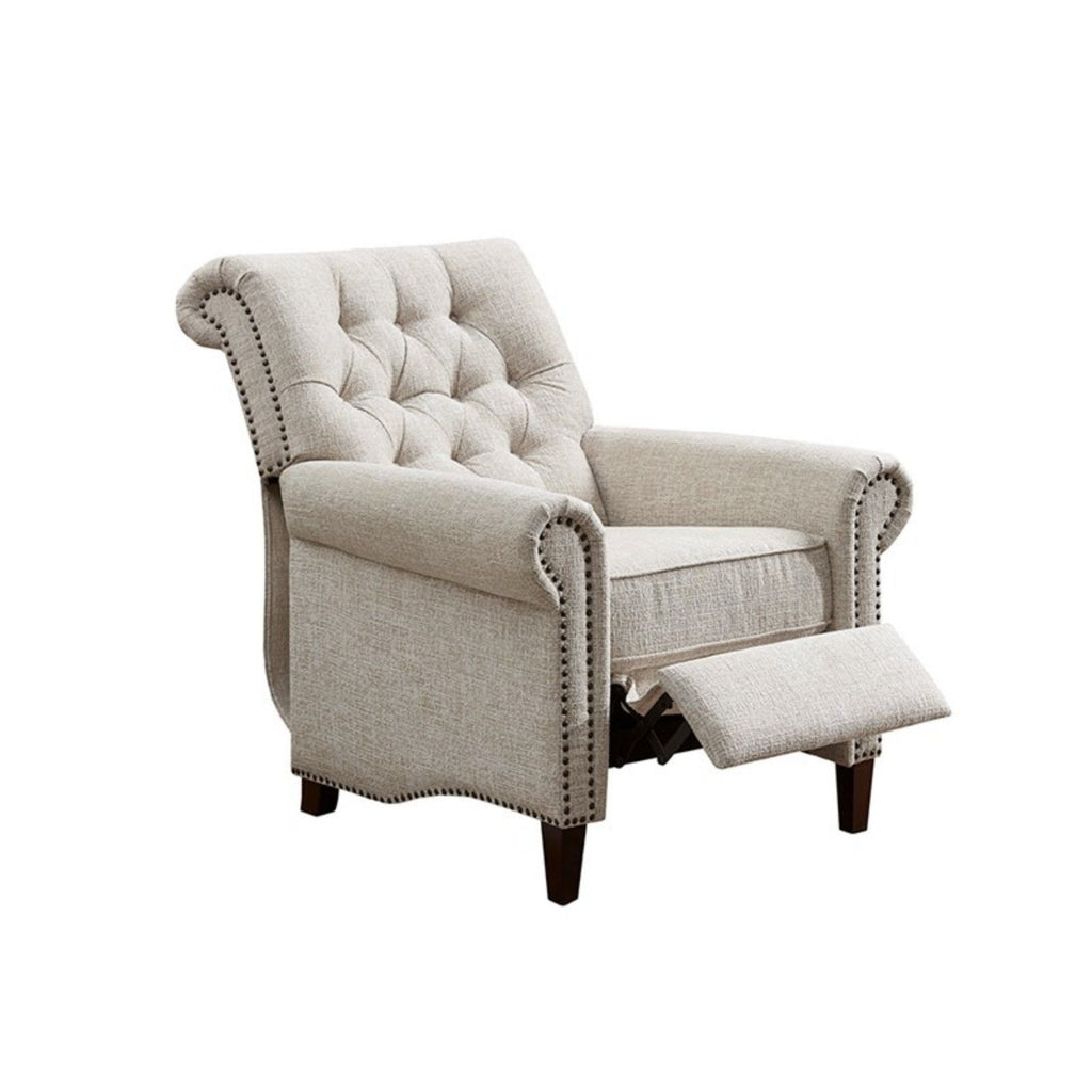 Cream Push Back Recliner Chair with Tufted Back and Nailhead Trim