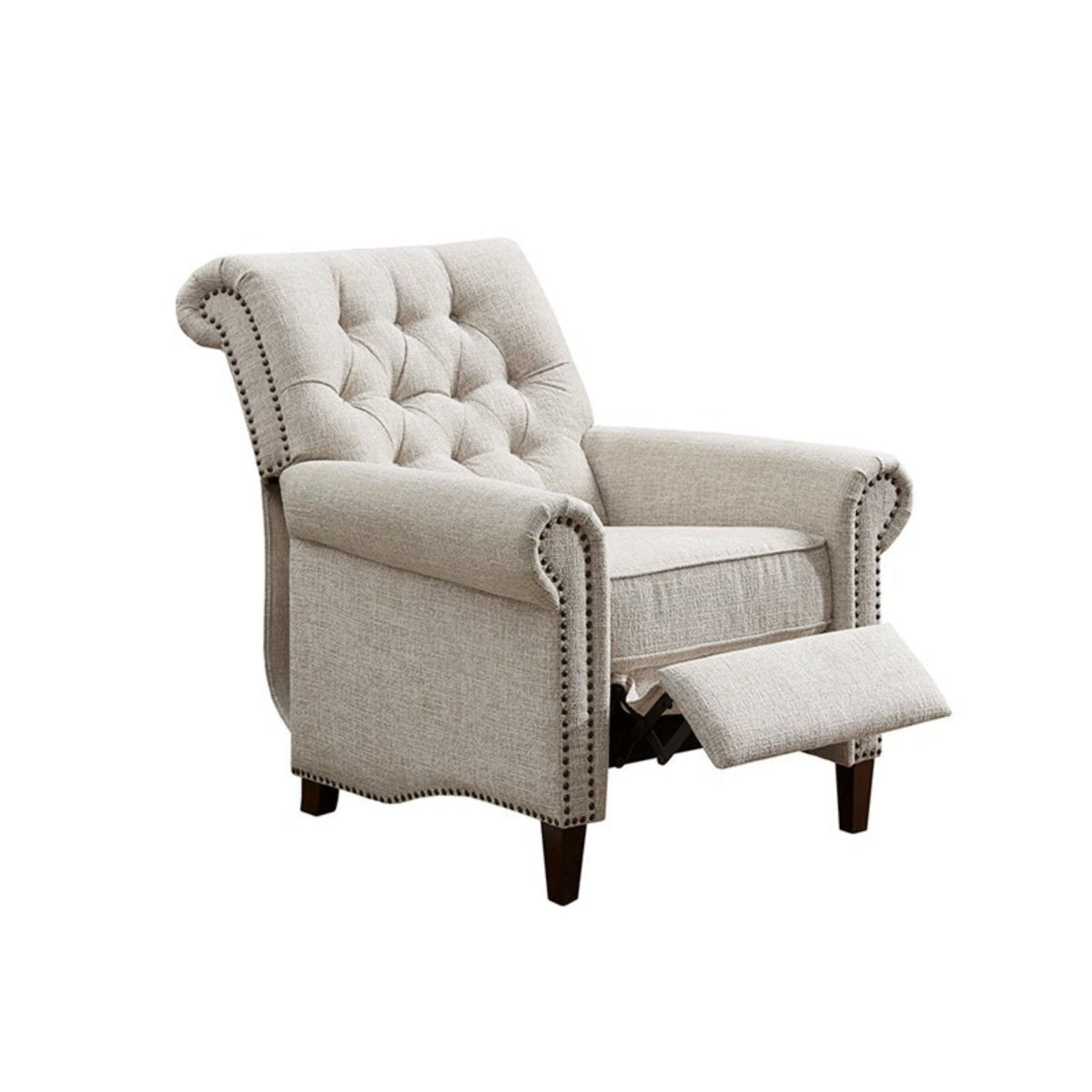 Cream Push Back Recliner Chair with Tufted Back and Nailhead Trim