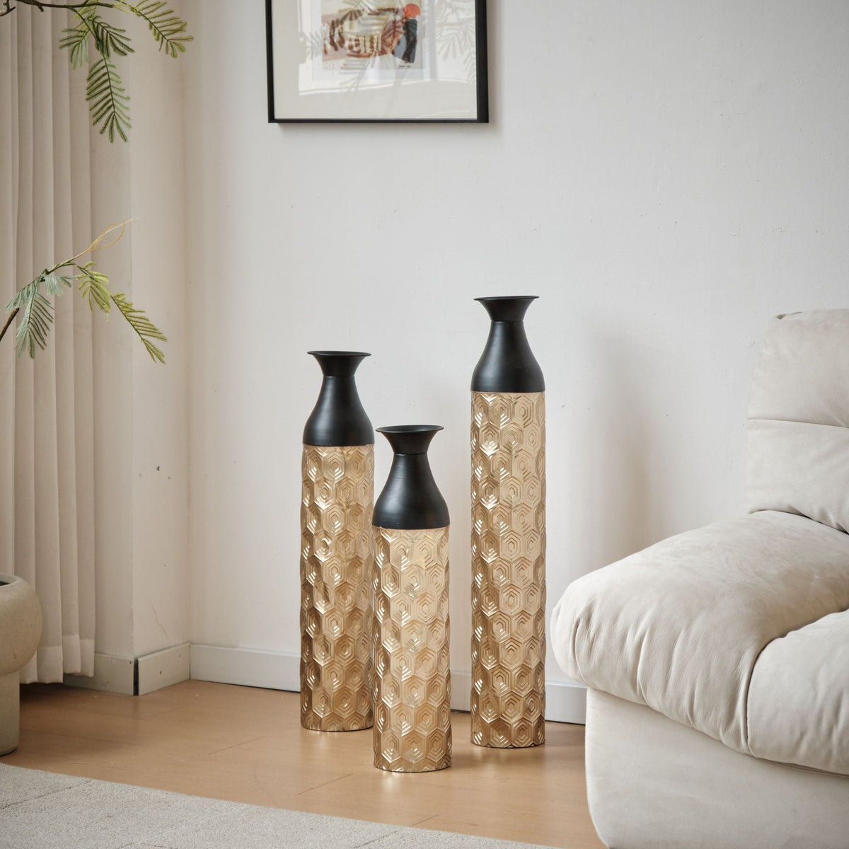 Black & Gold Floor Metal Vases with Durable Metal Construction - Set of 3