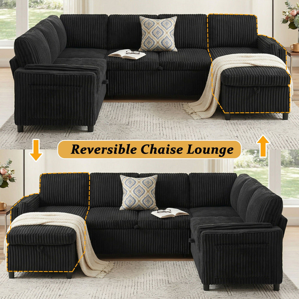 Convertible U-Shaped Sectional Sofa Bed with USB Ports and Storage – Black, Dark Gray, Blue