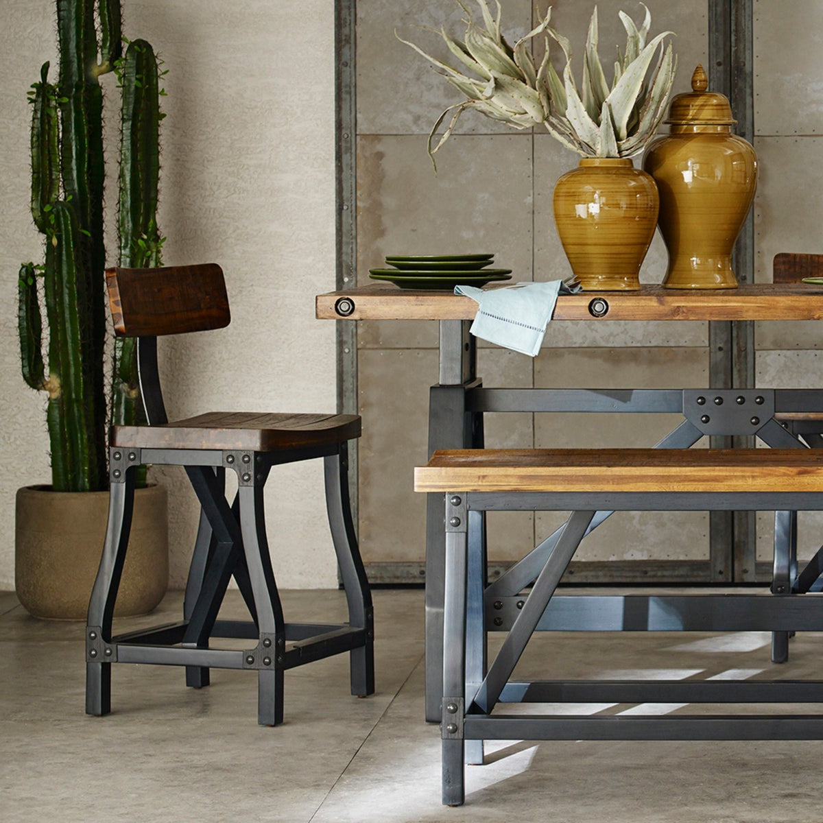Industrial Counter Stool With Removable Back - Solid Acacia Wood - Amber