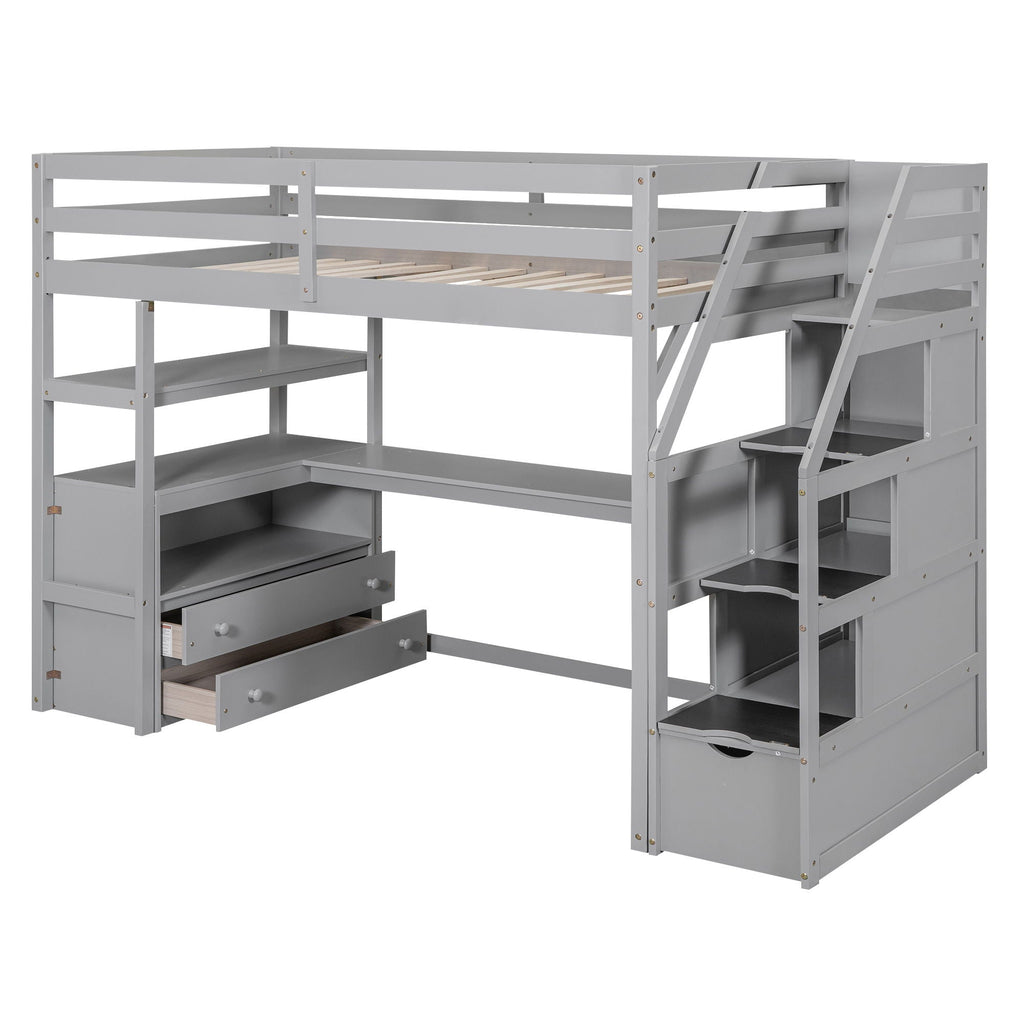 Loft Bed with Desk and Storage Staircase - Full or Twin, White or Gray
