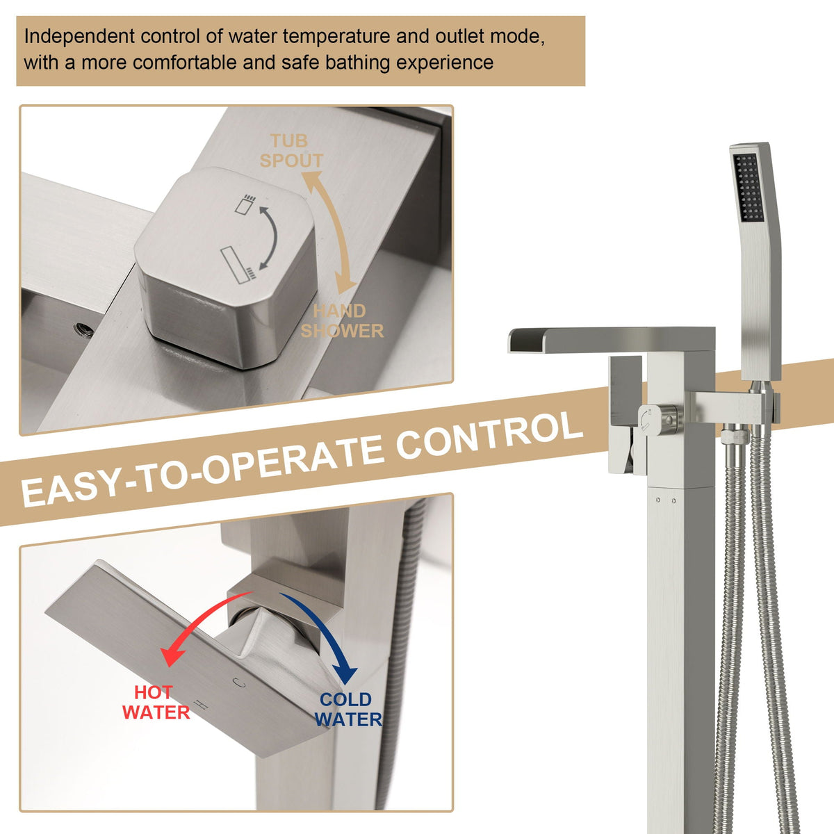 Freestanding Bathtub Faucet Waterfall Tub Filler with Hand Shower - Brushed Nickel