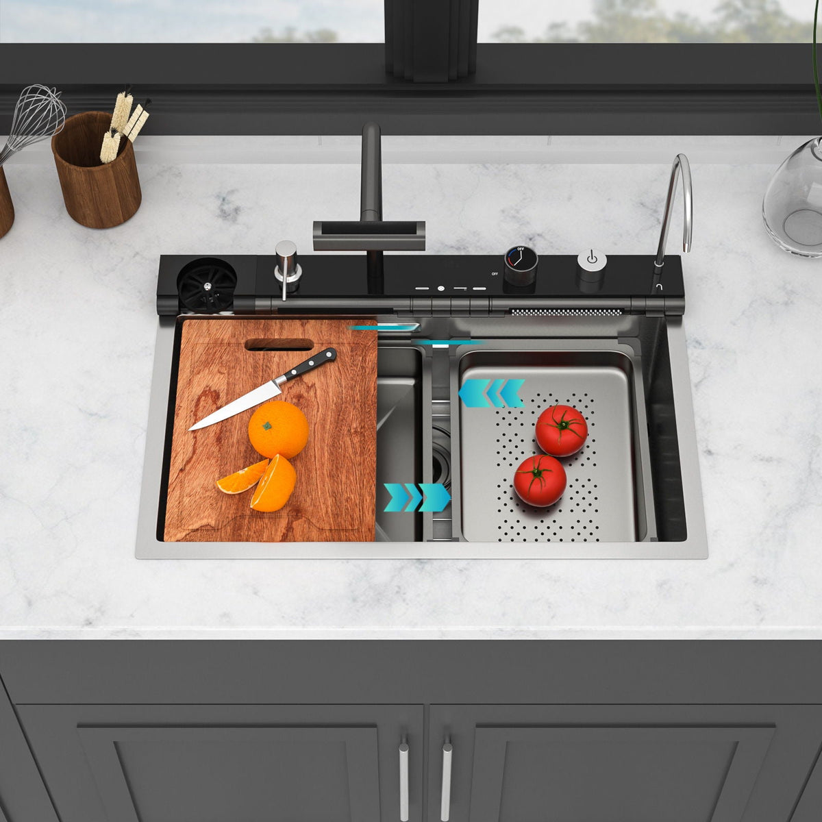 30" Single Bowl Kitchen Sink with Smart LED Faucet - Black or Gray
