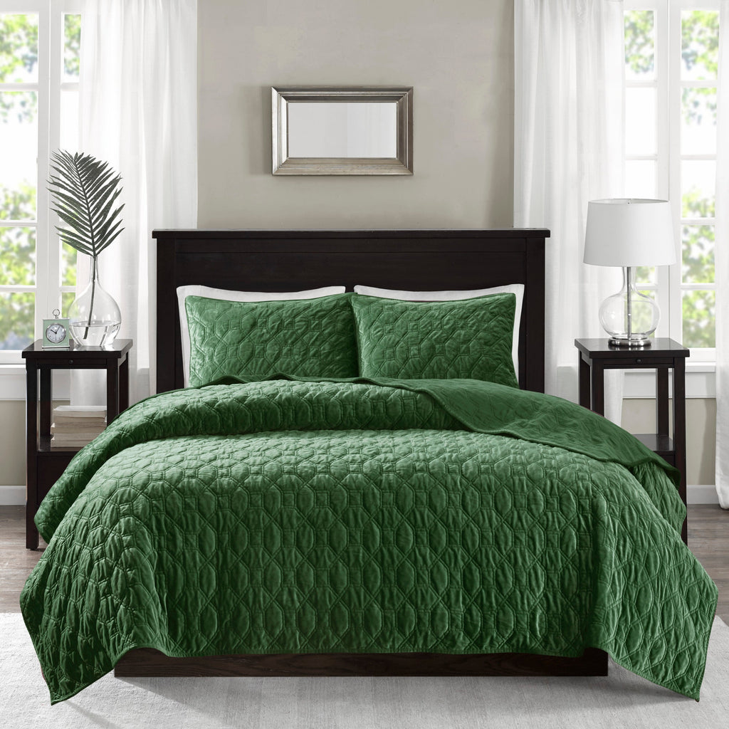 Green 3 Piece Velvet Quilt Set with Antimicrobial Finish