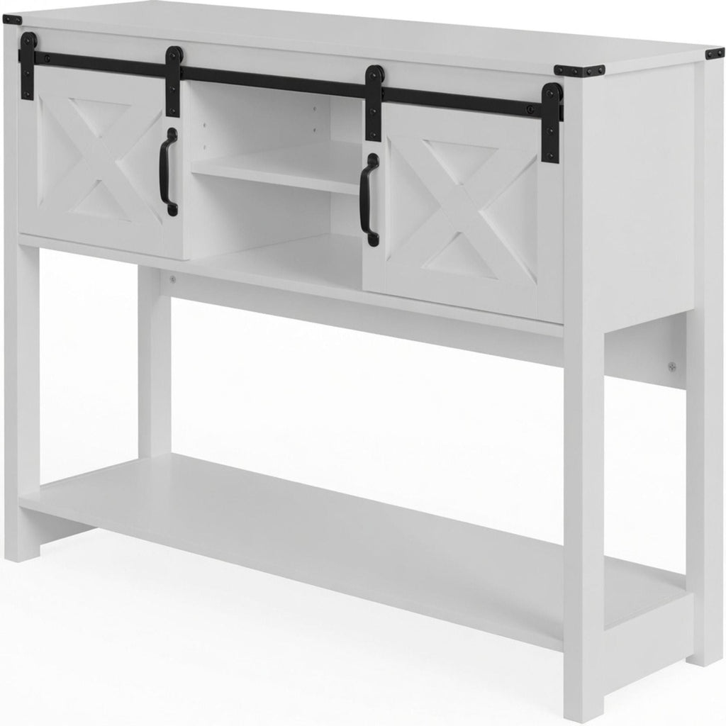 Farmhouse Entryway Table with Sliding Barn Door - Gray, Dark Gray, White, Black