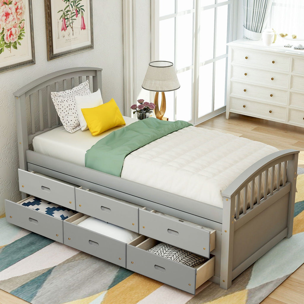 Solid Wood Twin Storage Bed with 6 Drawers - Multiple Colors