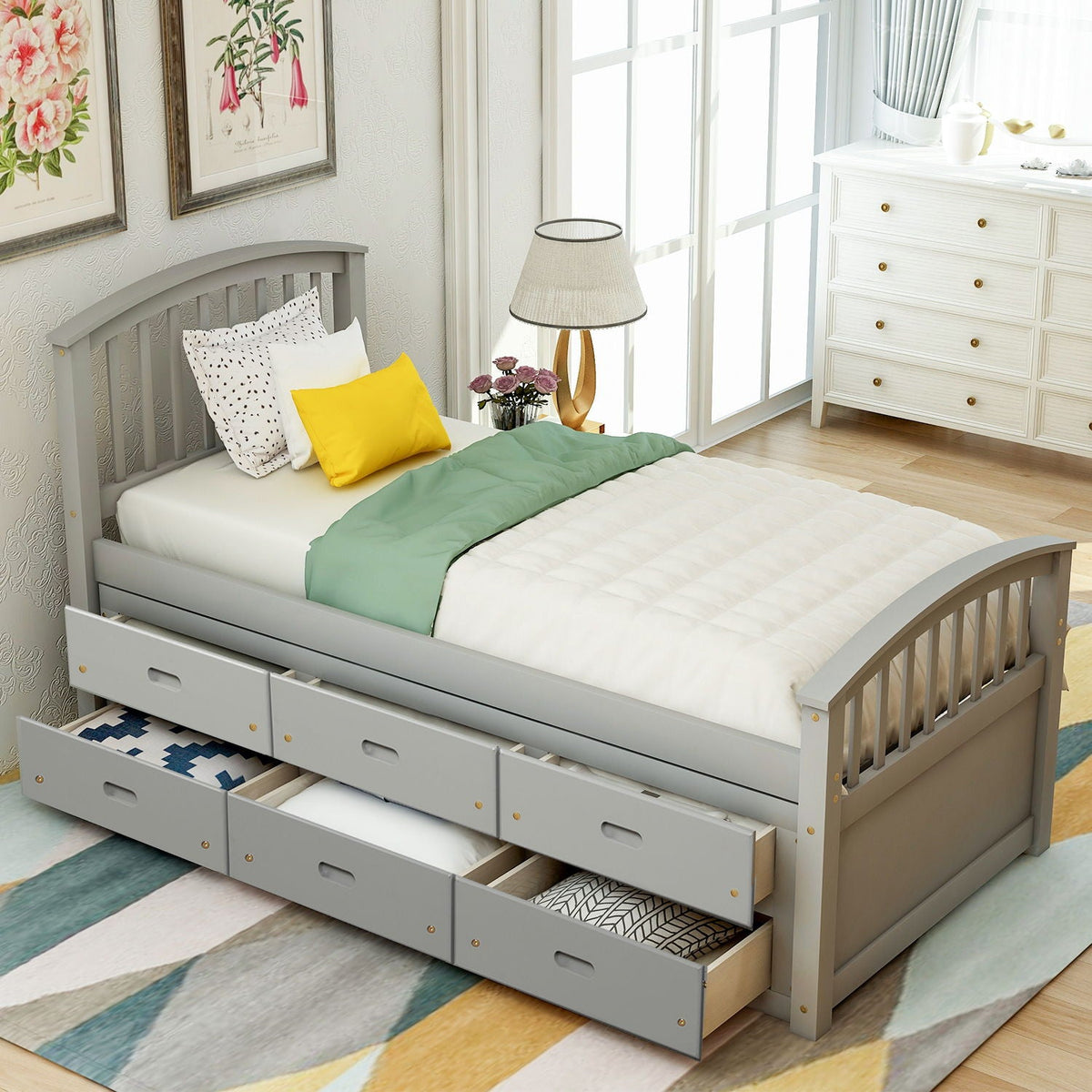 Solid Wood Twin Storage Bed with 6 Drawers - Multiple Colors