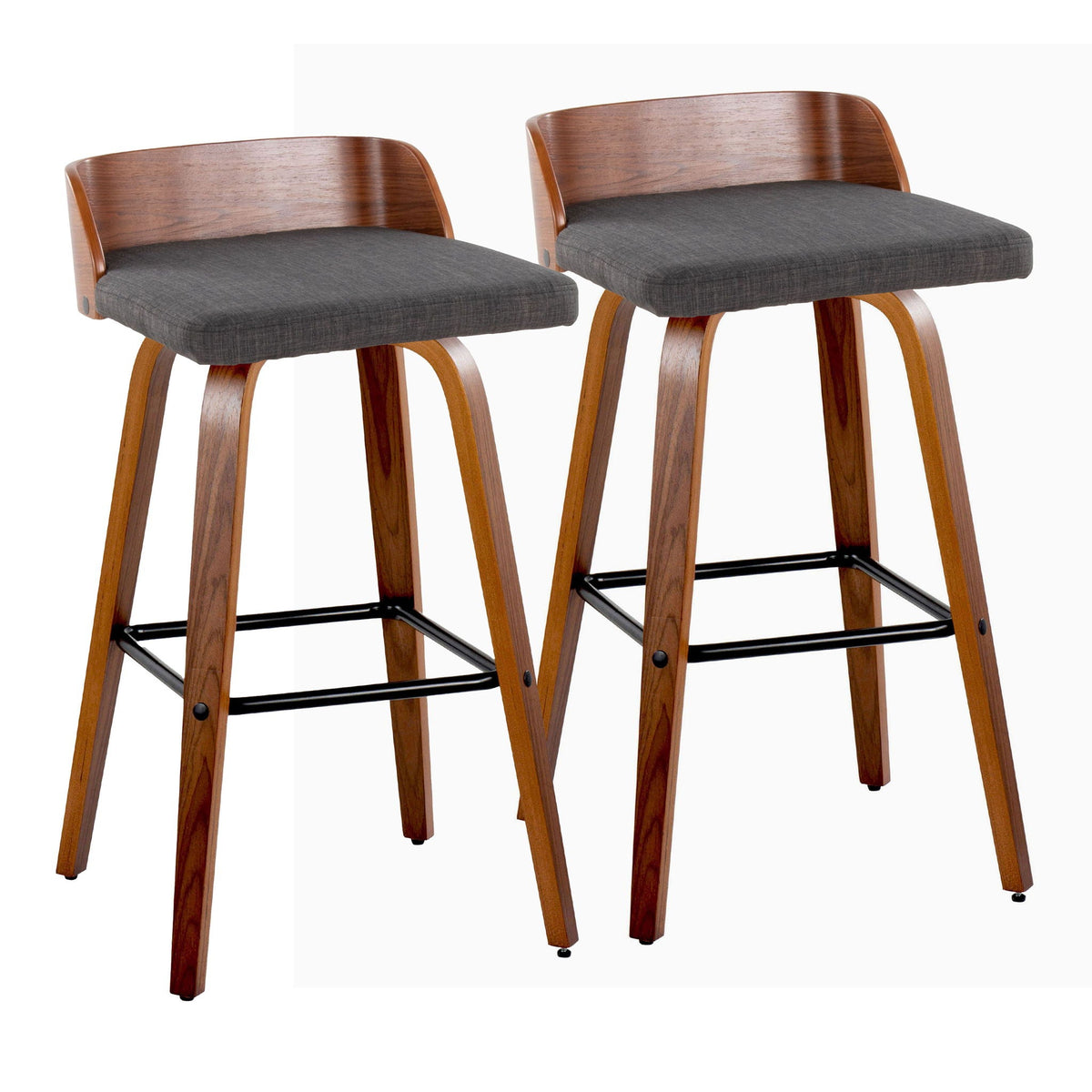 Mid Century Modern Barstool Set with Swivel and Square Footrest - Dark Gray