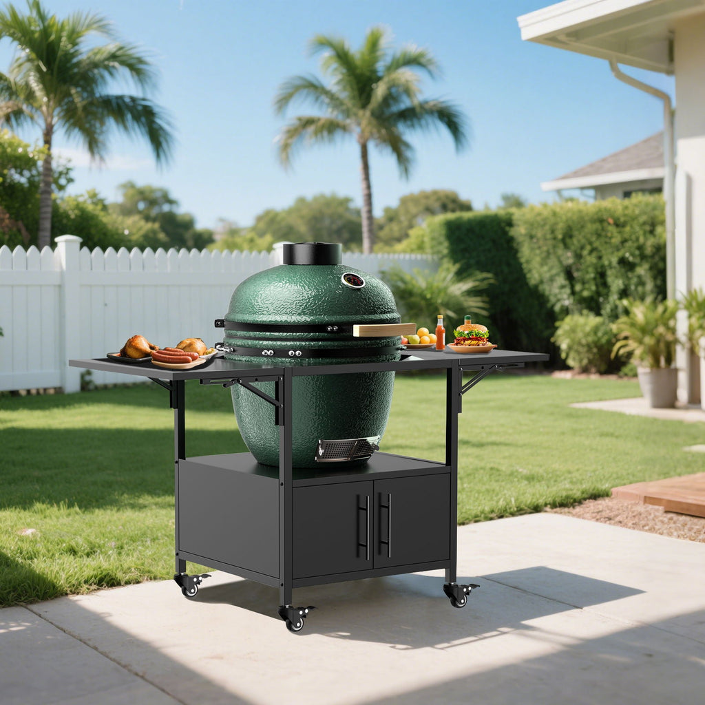 Outdoor Grill Table for Big Egg BBQ with Folding Panels - Black