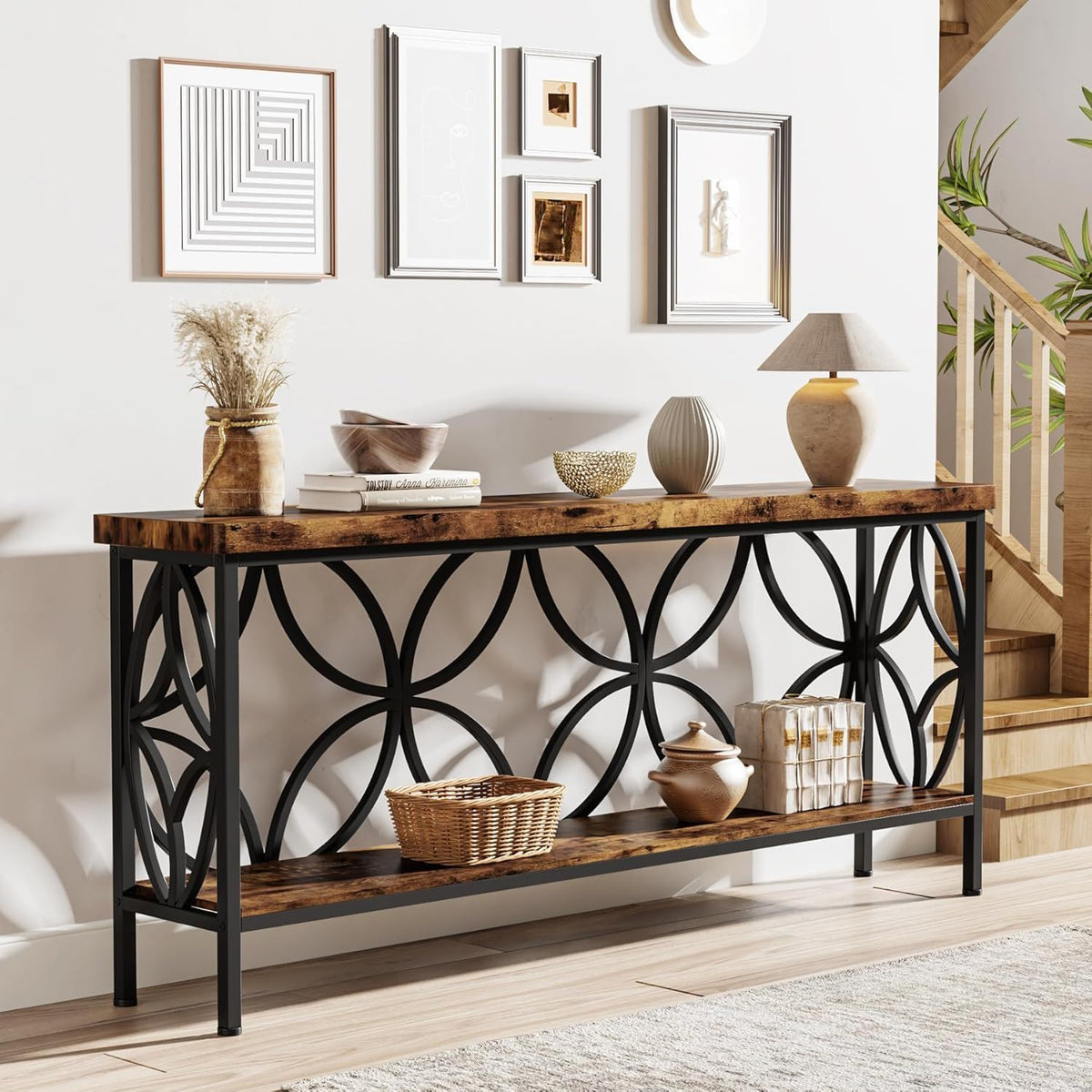 Extra Long Console Table with Open Storage Shelves - Dark Gray or Dark Brown