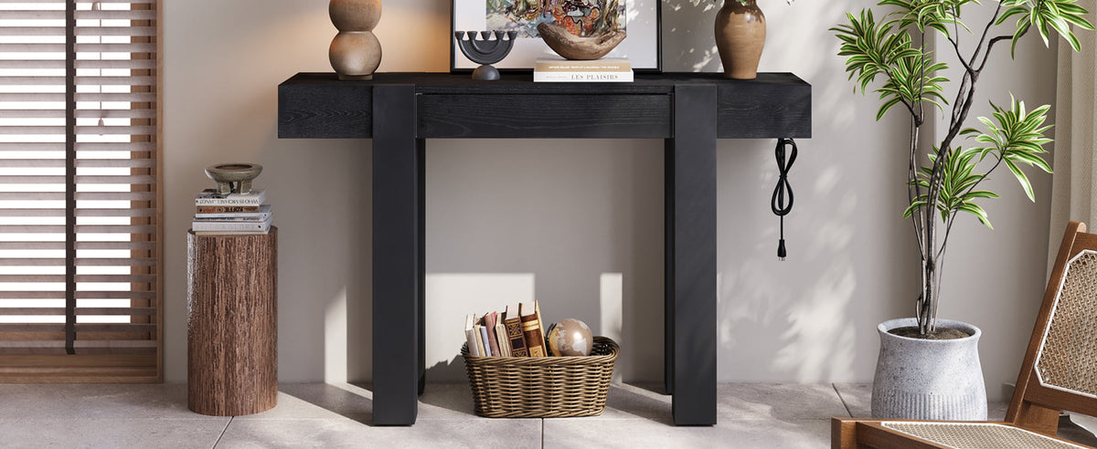 Rustic Minimalist Console Table with Hidden Drawer and Power Outlet - Brown