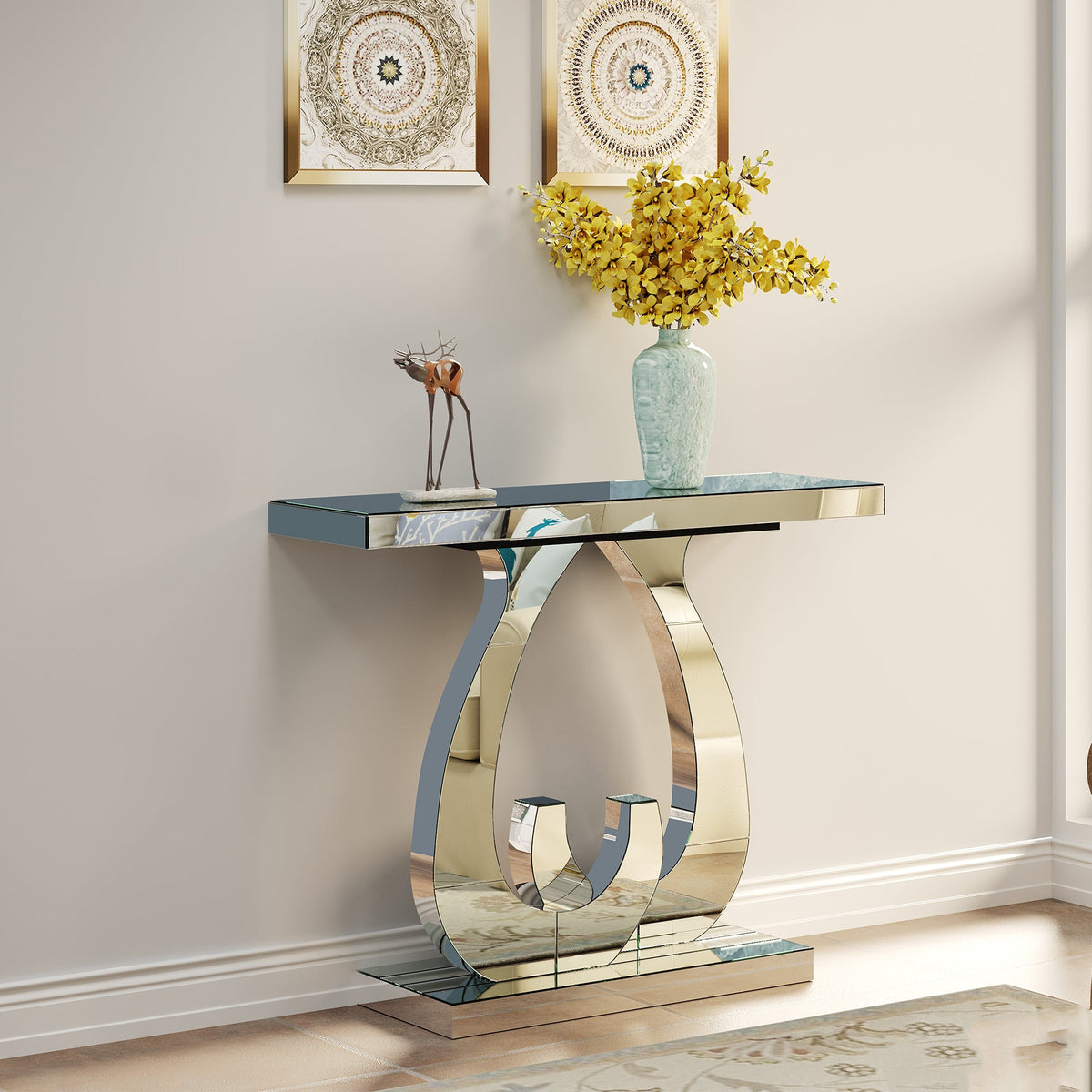Modern Mirror Side Table with Double C-Shape Base - Silver Mirror