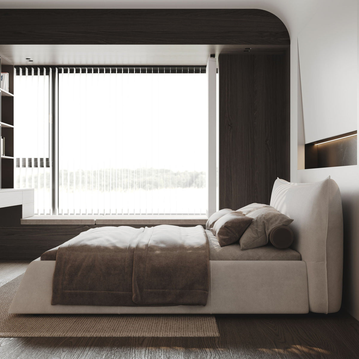 Upholstered Platform Bed with Special Shaped Headboard - Black or Beige