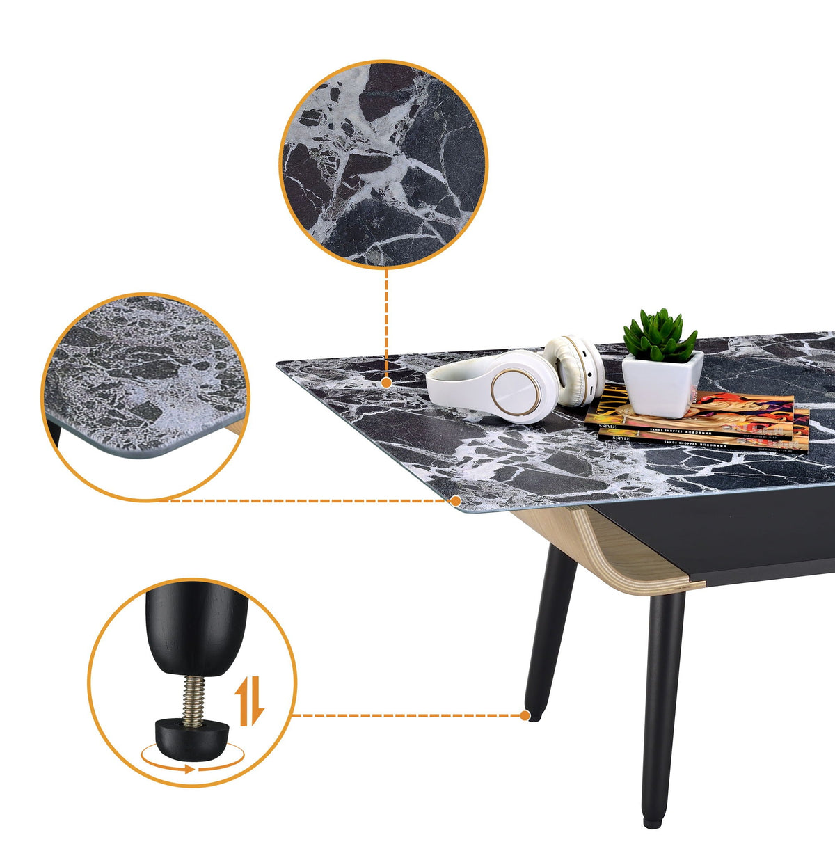 Landon Coffee Table with Glass Marble Texture Top