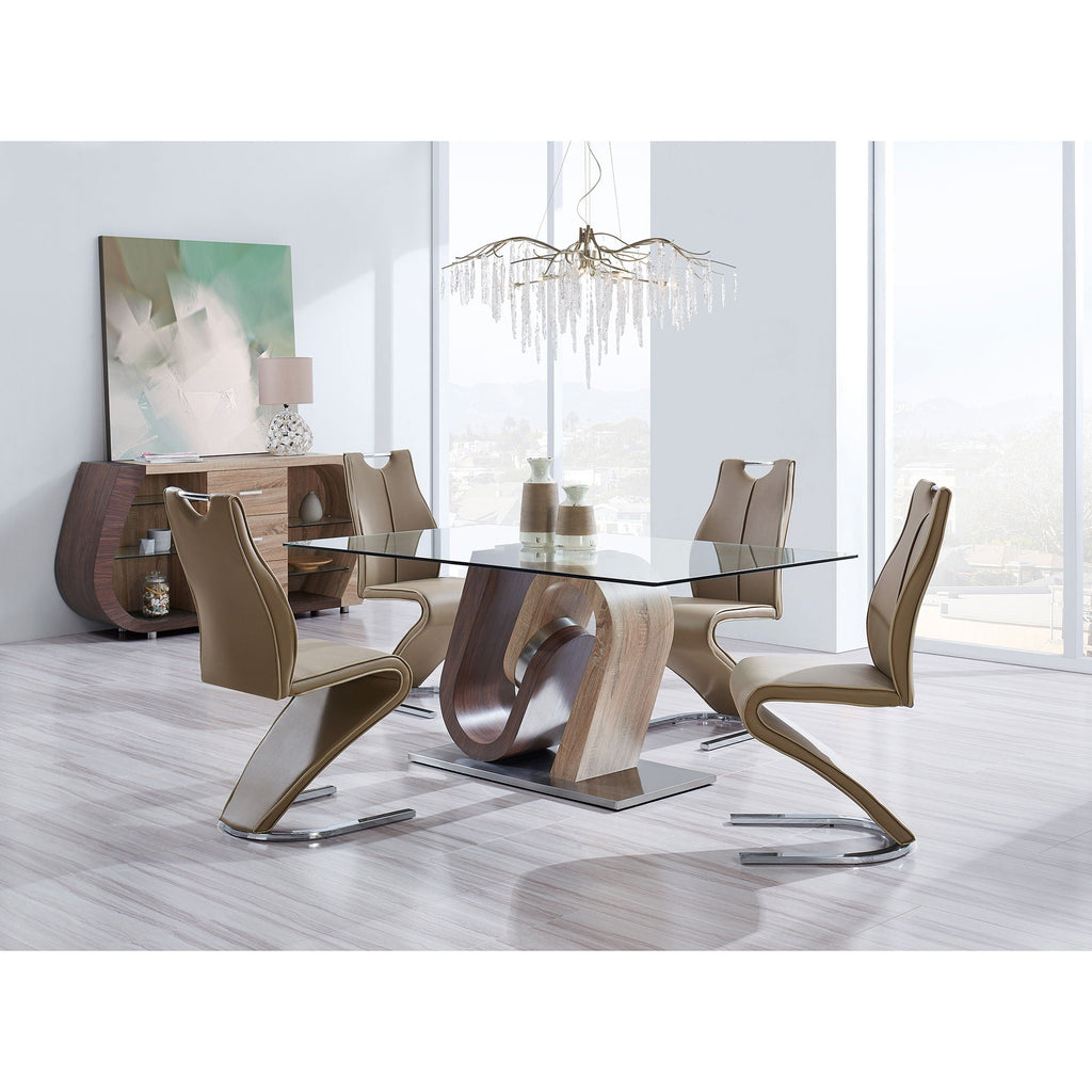 Oak & Walnut Dining Table with Stainless Steel Base - Brown / Beige