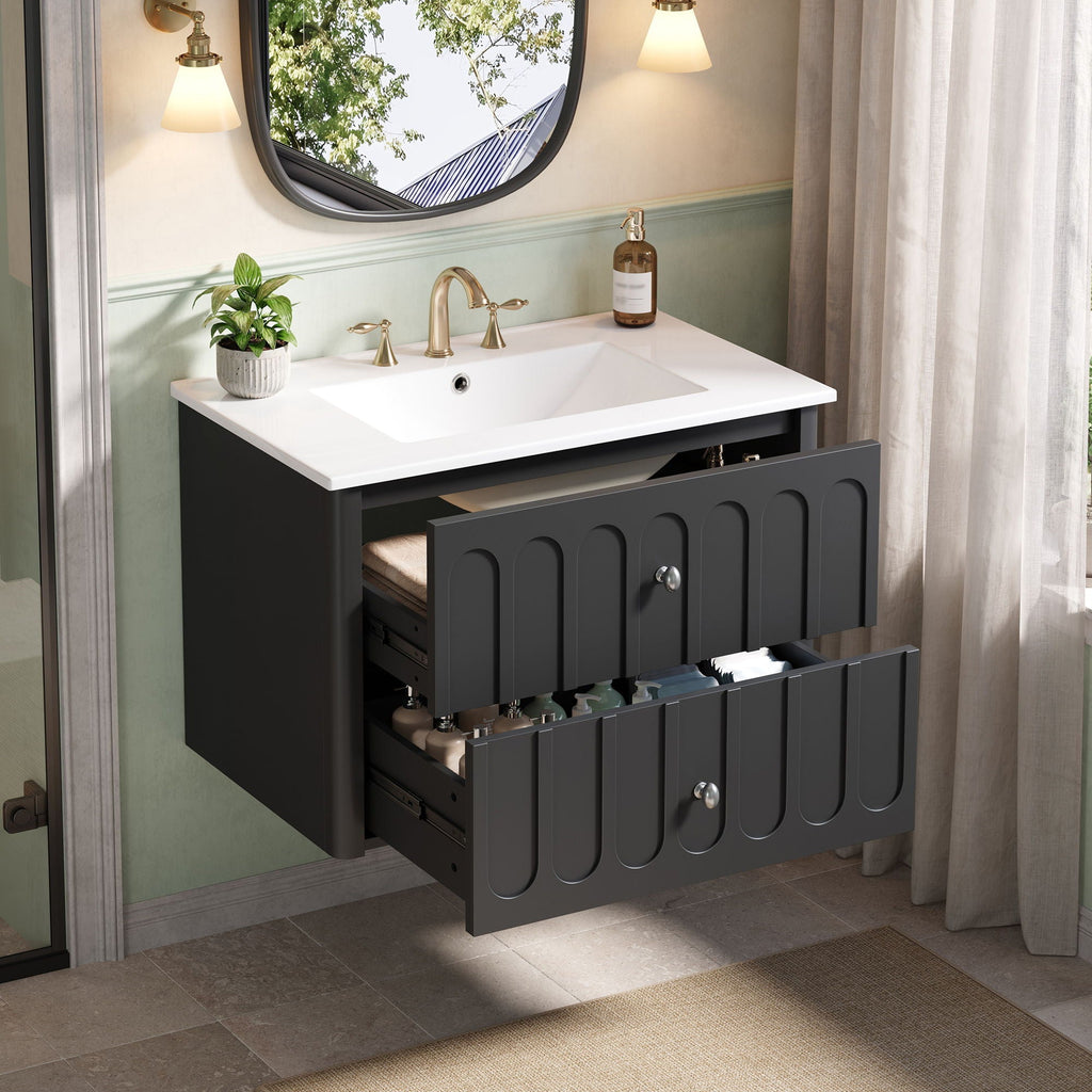 Floating Bathroom Vanity with Soft Close Drawer Slides – White or Black