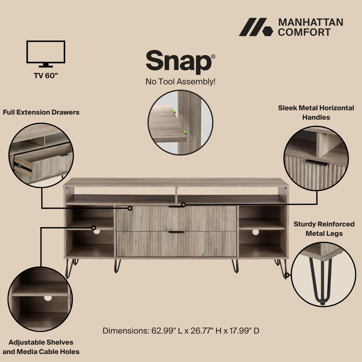 Fluted TV Stand with Storage and Metal Legs - Multiple Colors