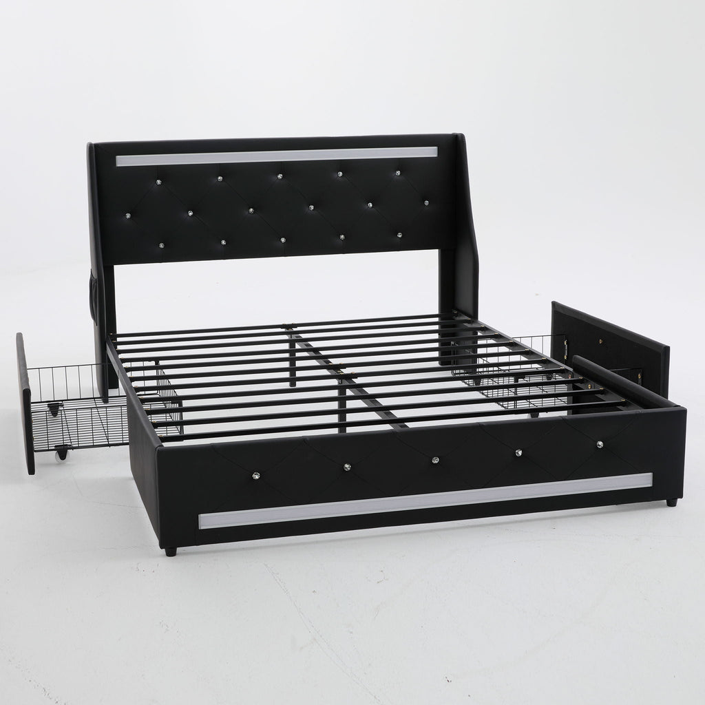 Wingback Upholstered Bed Frame with LED Lights and Charging Station - Black or White