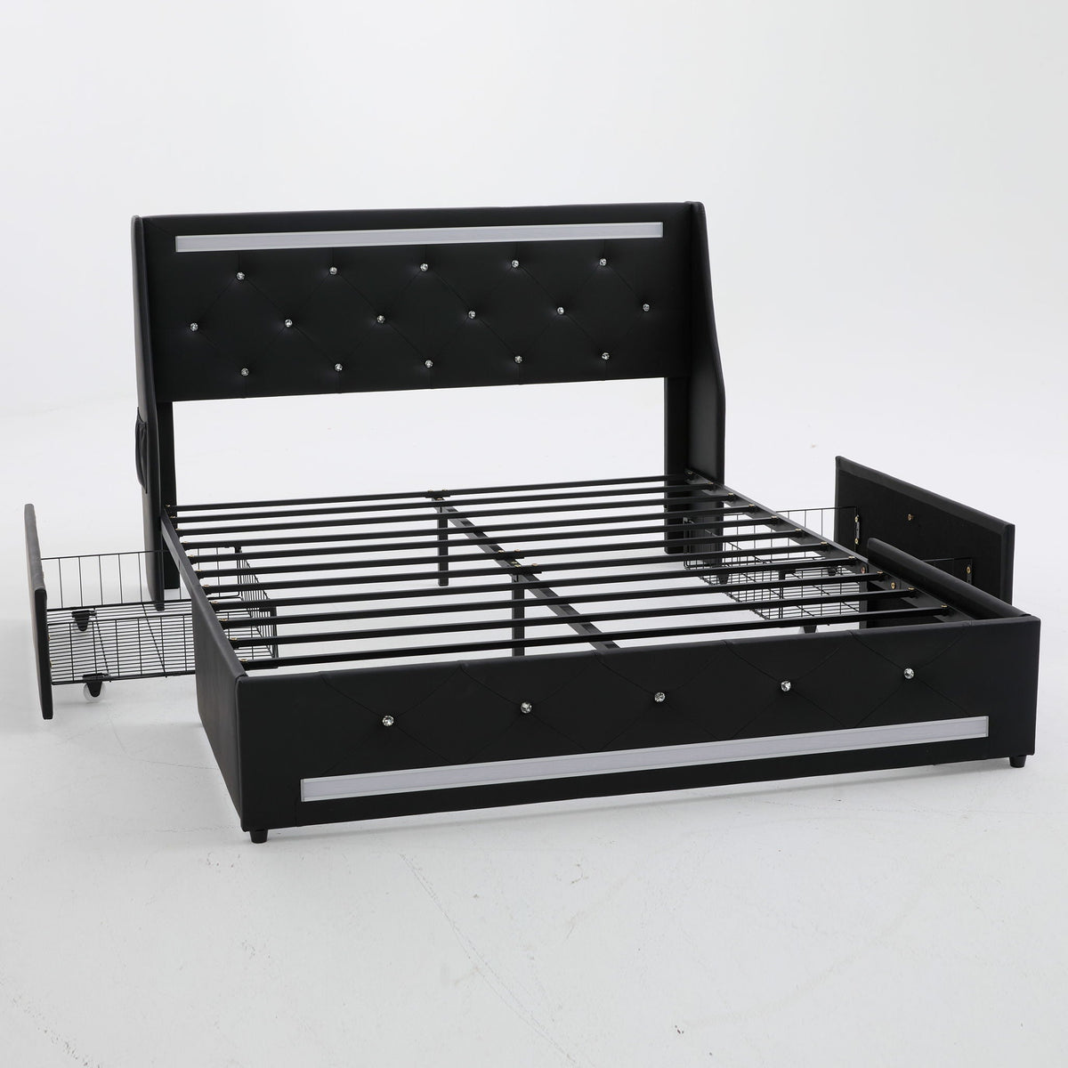 Wingback Upholstered Bed Frame with LED Lights and Charging Station - Black or White