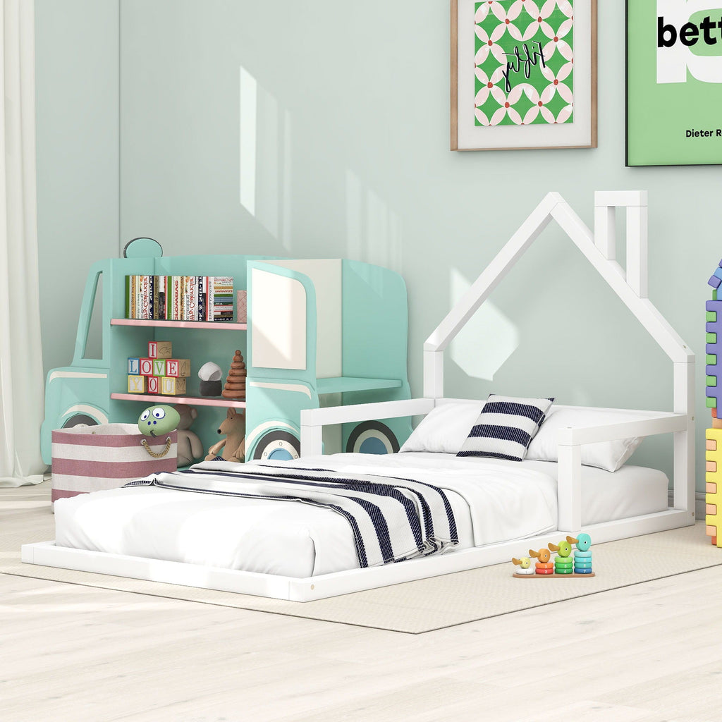 Floor Bed With House Shaped Headboard - Twin Size, Solid Pine - White or Light Brown