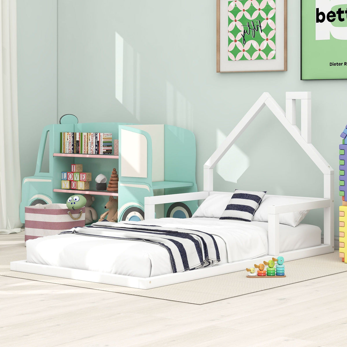 Floor Bed With House Shaped Headboard - Twin Size, Solid Pine - White or Light Brown