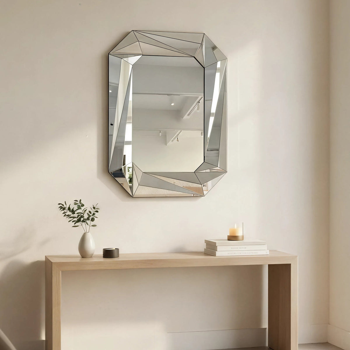 Diamond Shaped Large Wall Mirror with Frameless Modern Design