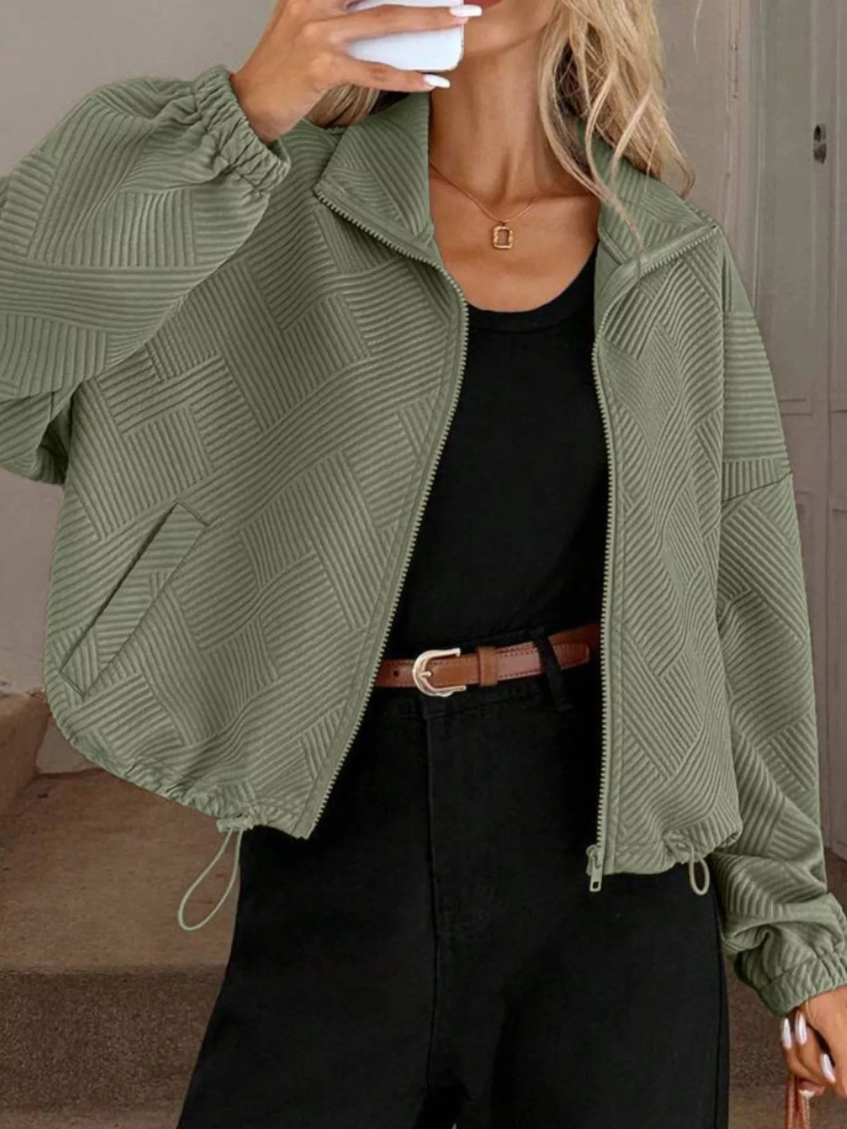 Textured Zip-Up Drawstring Hem Jacket