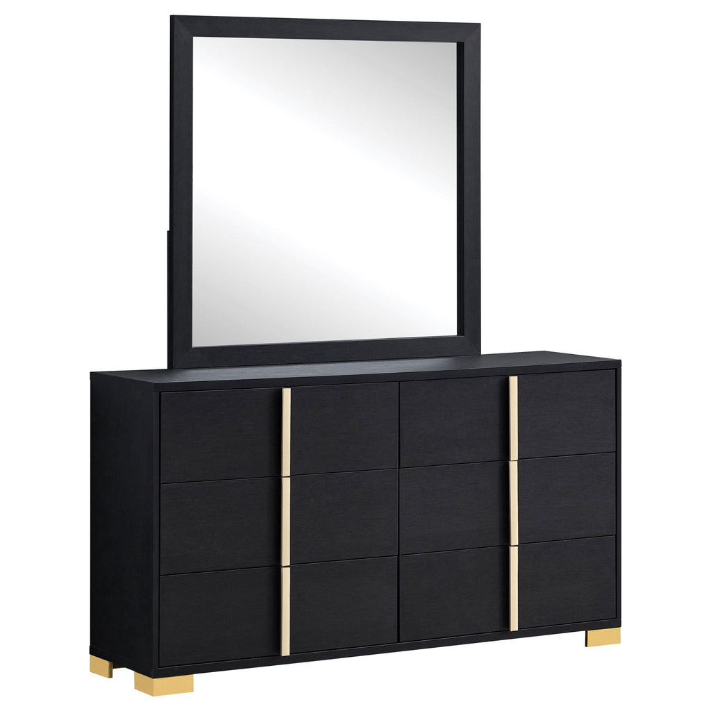 Black 6 Drawer Dresser & Mirror with Gold Accents