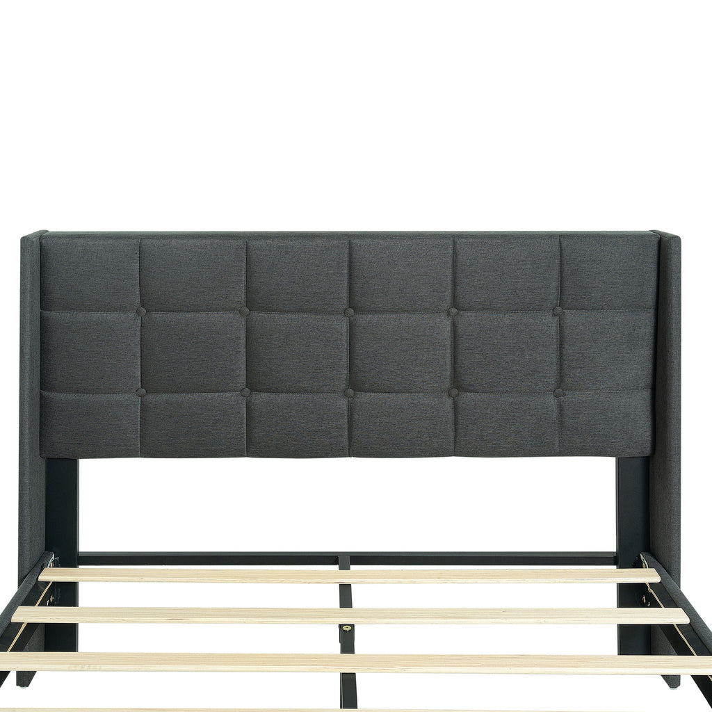 Queen Size Upholstered Platform Bed Frame with Button Tufted Linen Headboard - Dark Gray