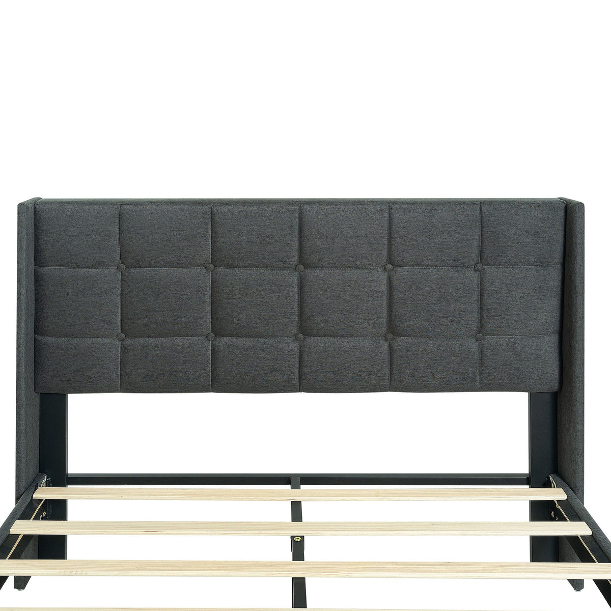 Queen Size Upholstered Platform Bed Frame with Button Tufted Linen Headboard - Dark Gray