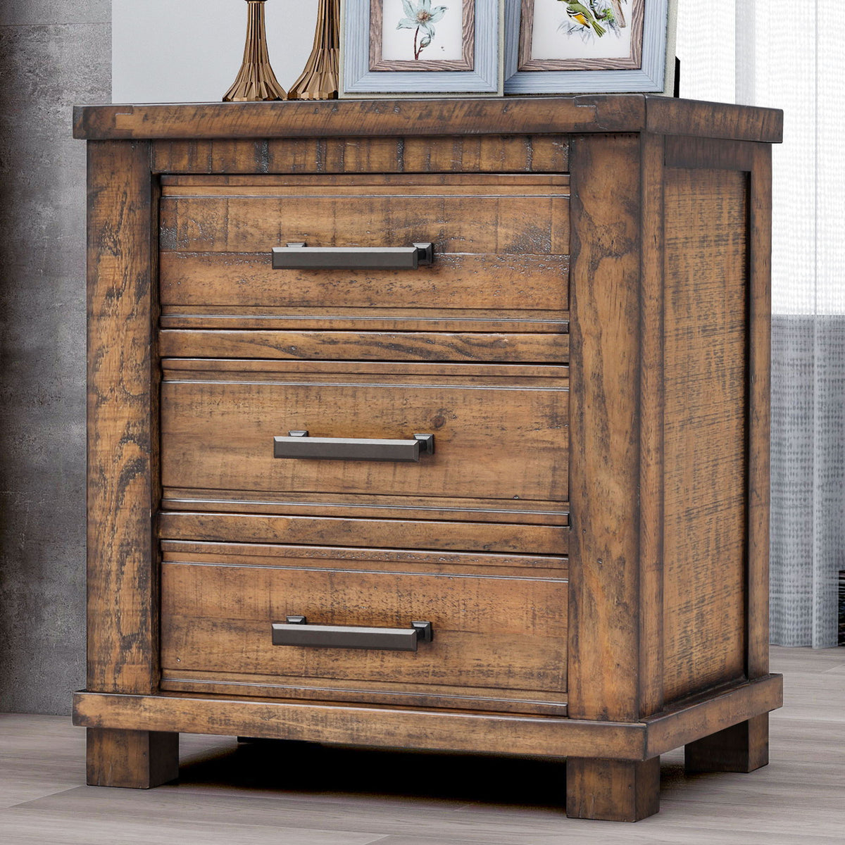 Dark Brown 3 Drawer Nightstand with Antique-Inspired Details - Dark Brown