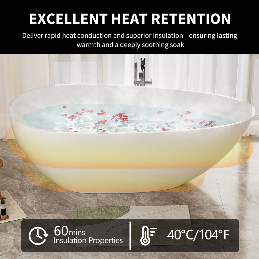 59" Freestanding Solid Surface Bathtub with Overflow Drain - Glossy White