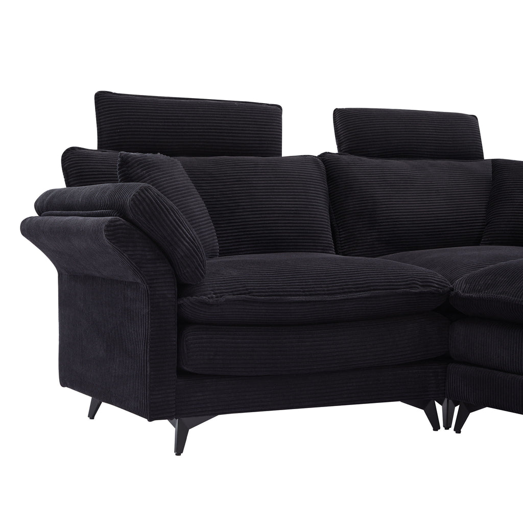 Modern Deep Seat Sectional Sofa with Ottoman - Corduroy - Black or Beige