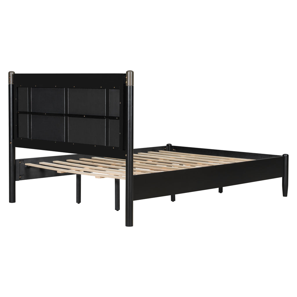 Solid Wood Queen Bed with 500 lbs Support and Fabric Headboard - Dark Grey