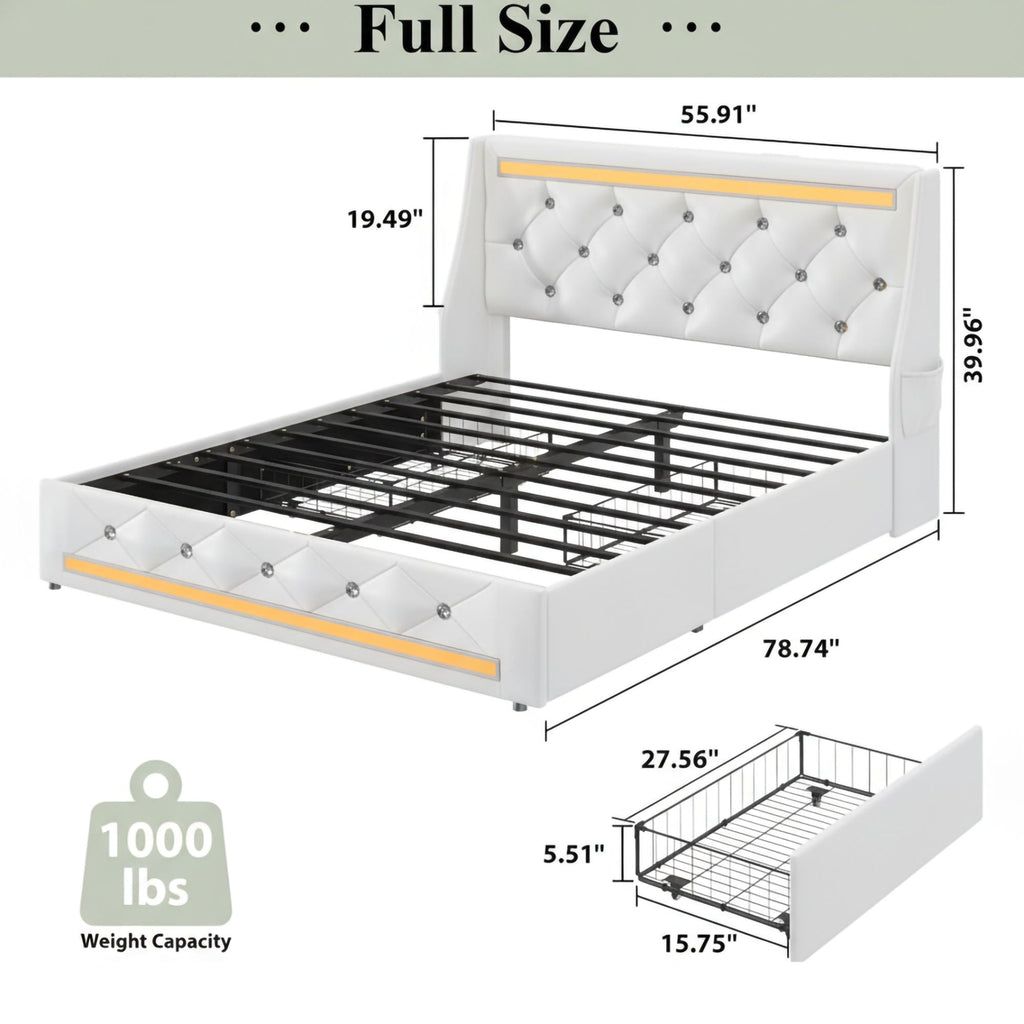 Wingback Upholstered Bed Frame with LED Lights and Charging Station - Black or White