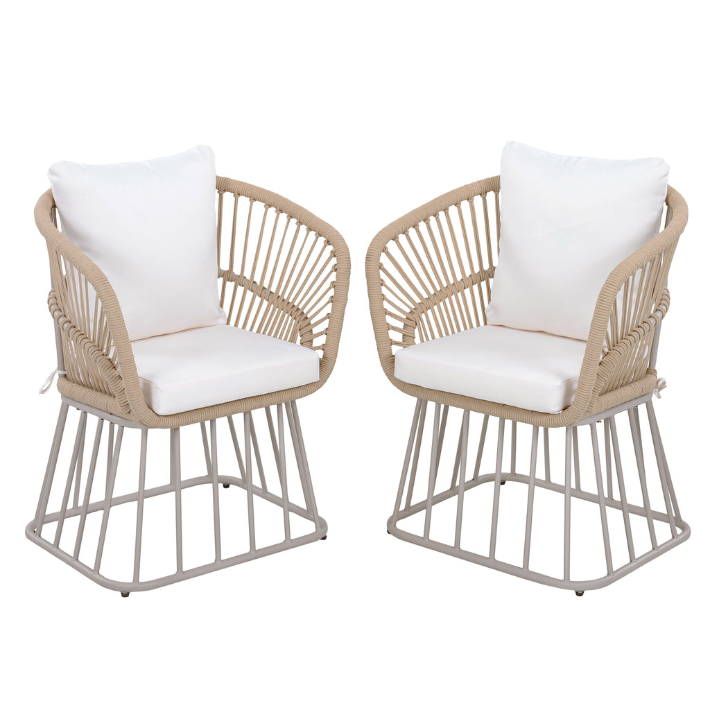 Teak Finish Wicker Outdoor Dining Chair with Steel Frame - Beige