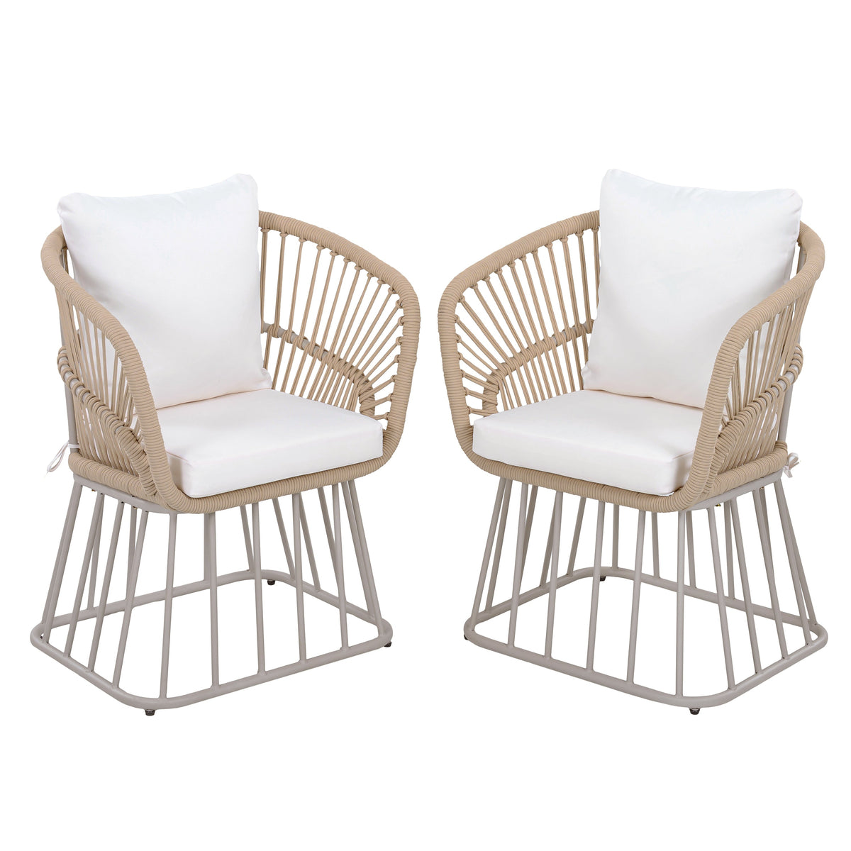Teak Finish Wicker Outdoor Dining Chair with Steel Frame - Beige