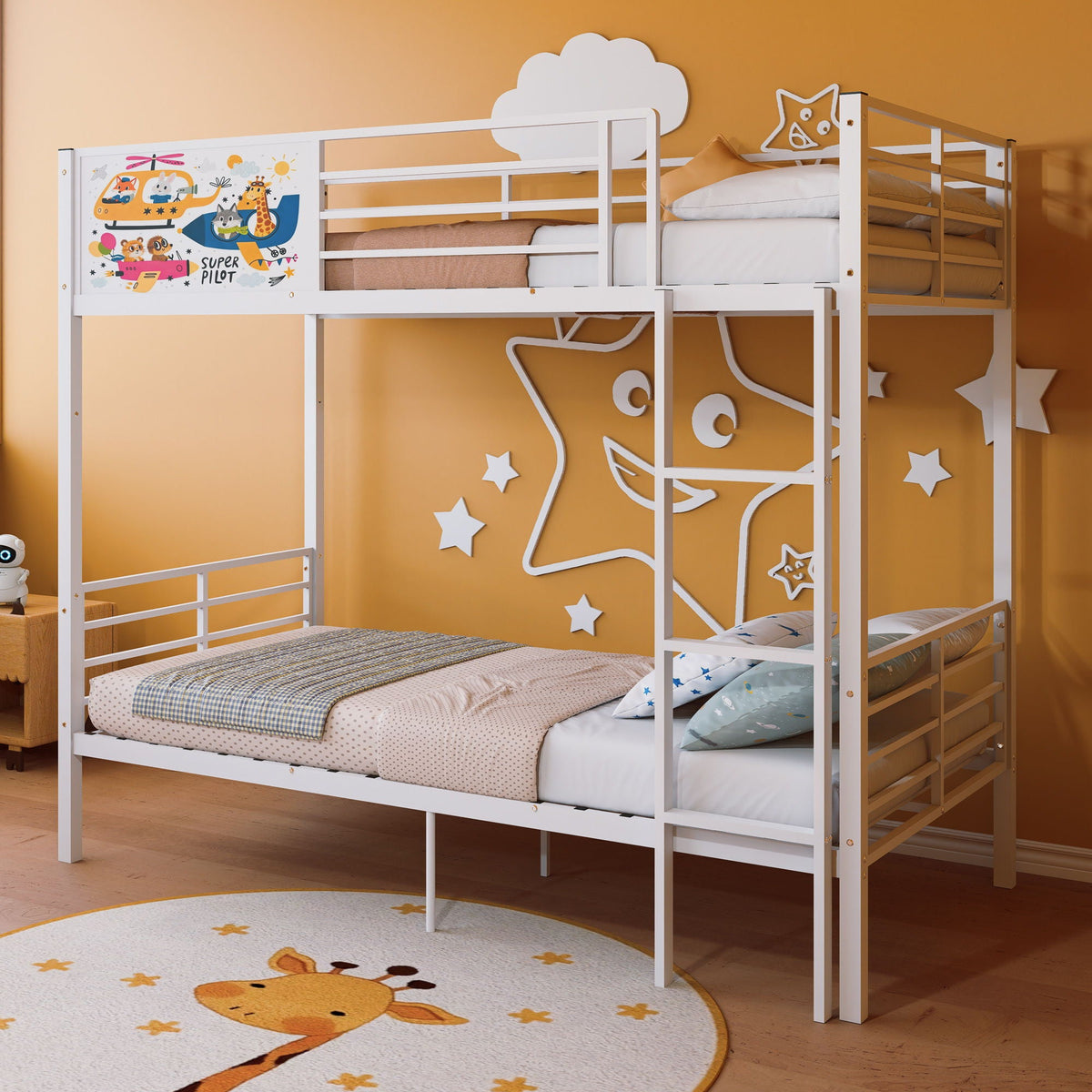 White Convertible Twin Bunk Bed with Full Length Guardrail & Ladder