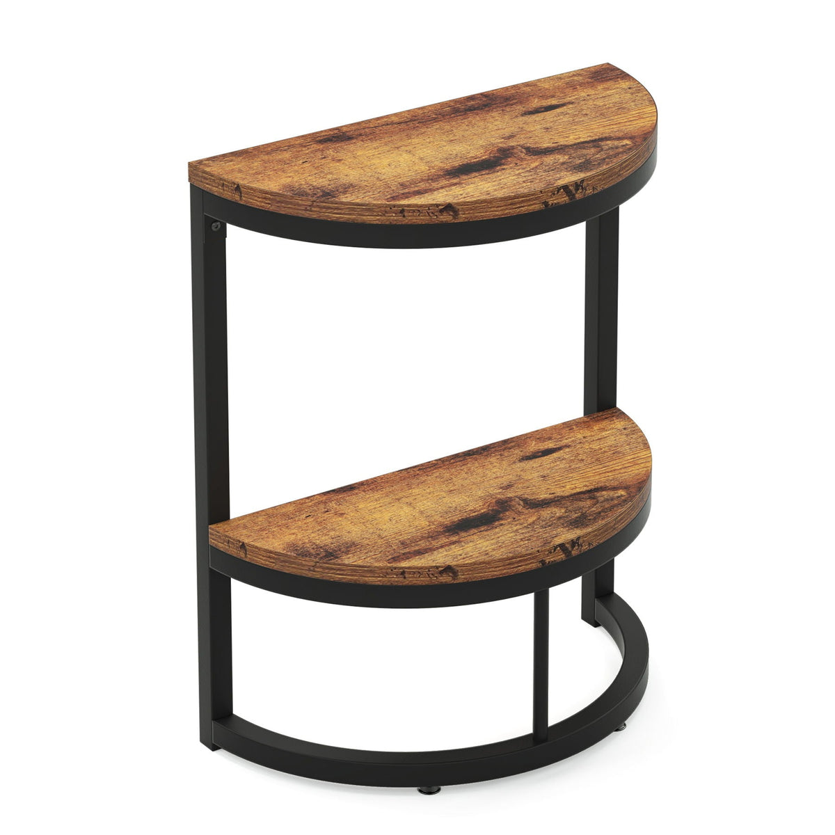 Slim Half Moon 2 Tier Semi Circle End Table with Wide Storage - Rustic Brown