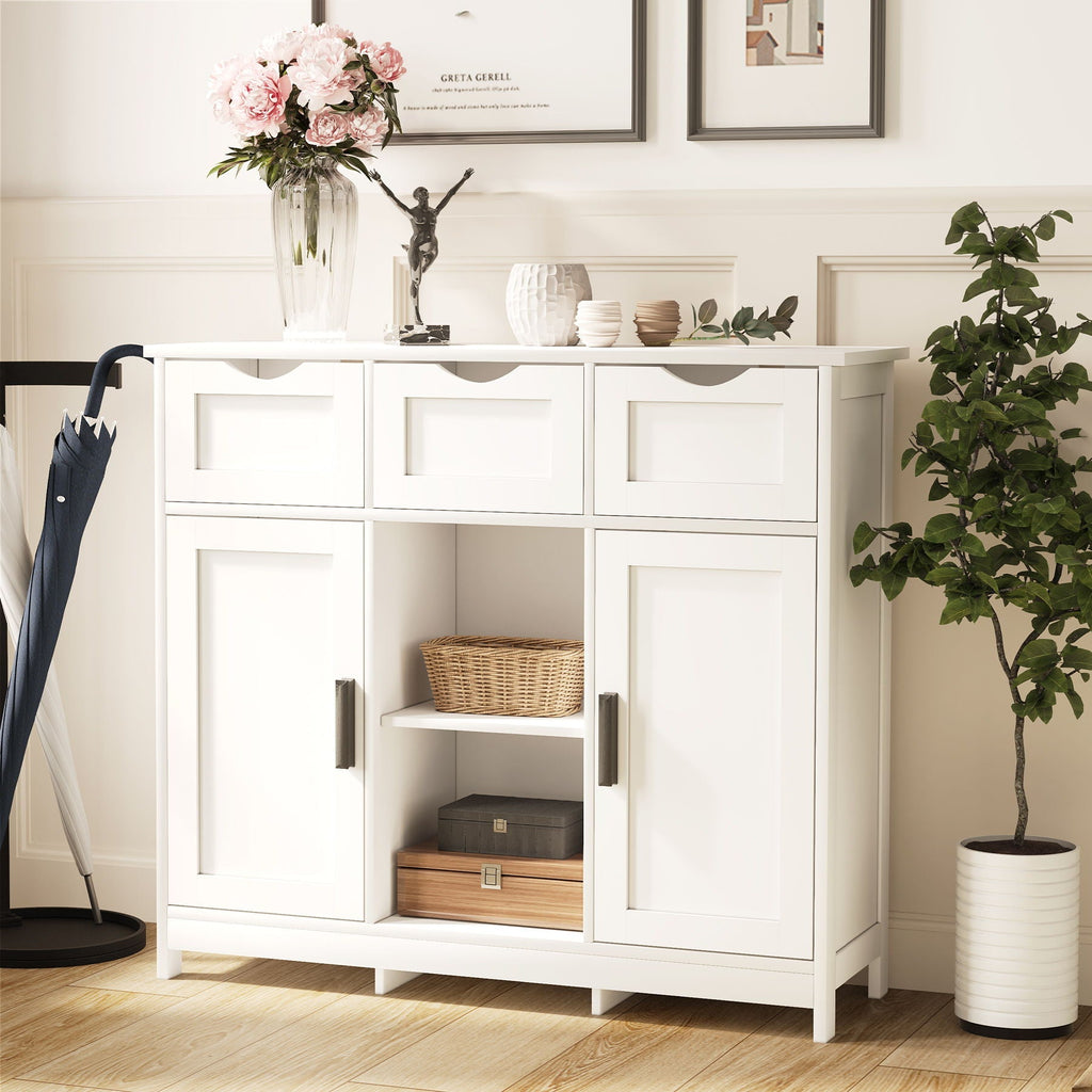 Wood Storage Sideboard with Drawers and Adjustable Shelves - White or Black