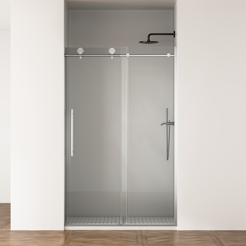 Frameless Sliding Shower Door with Clear Tempered Glass - Brushed Nickel