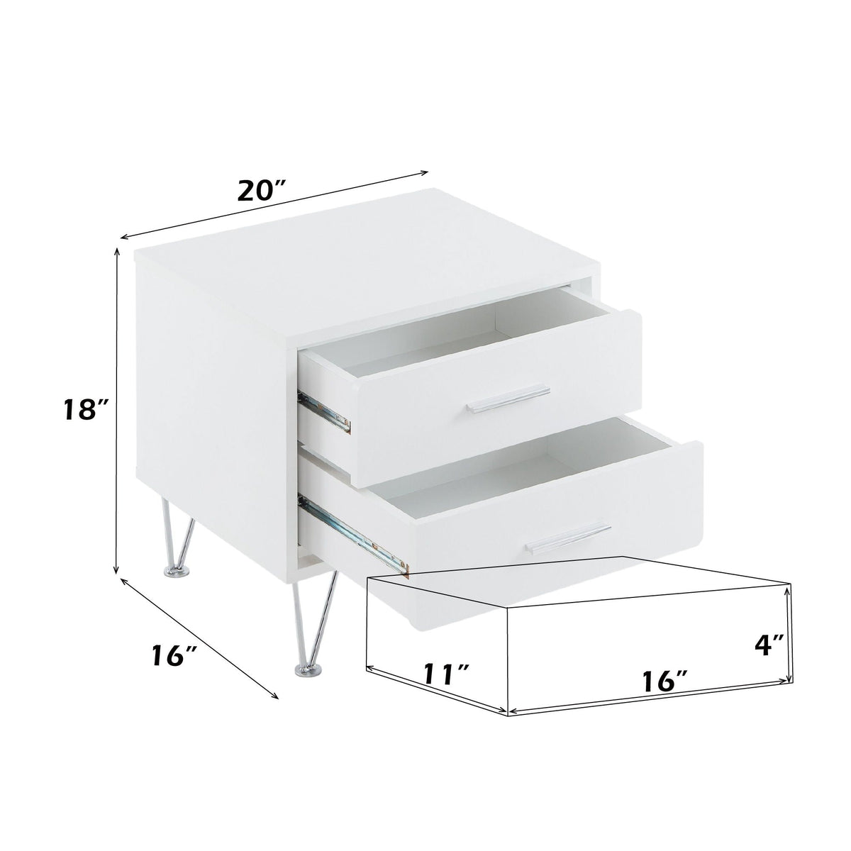 White Accent Table with Storage Drawers and Chrome Legs
