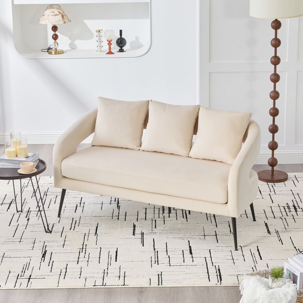Open Back Loveseat Settee with 3 Pillows - Beige, Dark Green, or Dark Gray