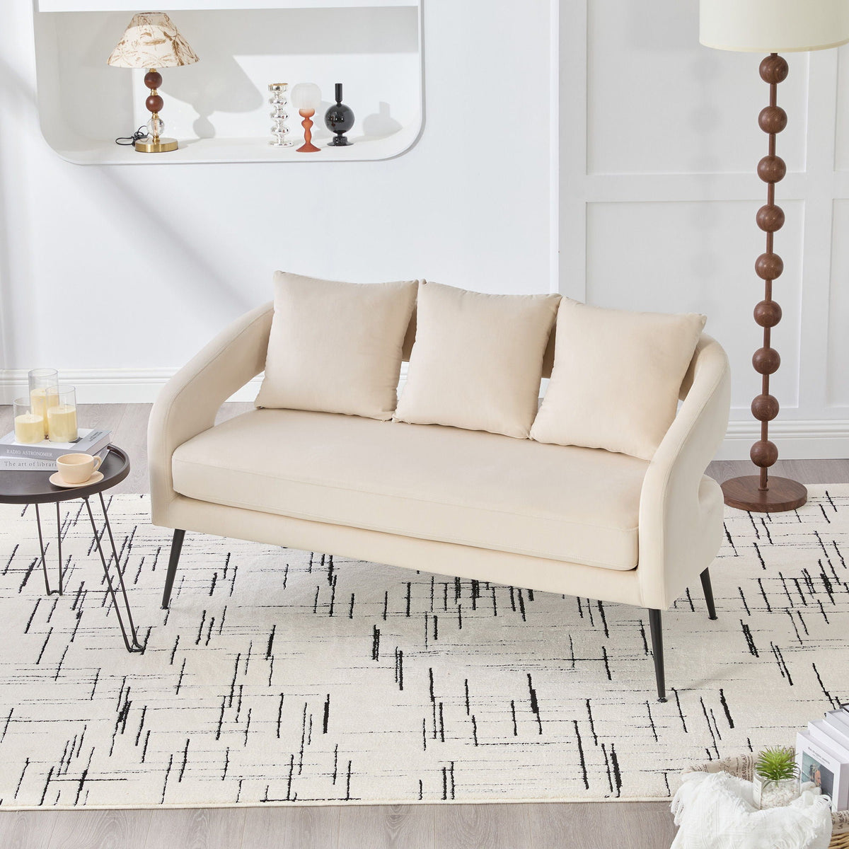 Open Back Loveseat Settee with 3 Pillows - Beige, Dark Green, or Dark Gray