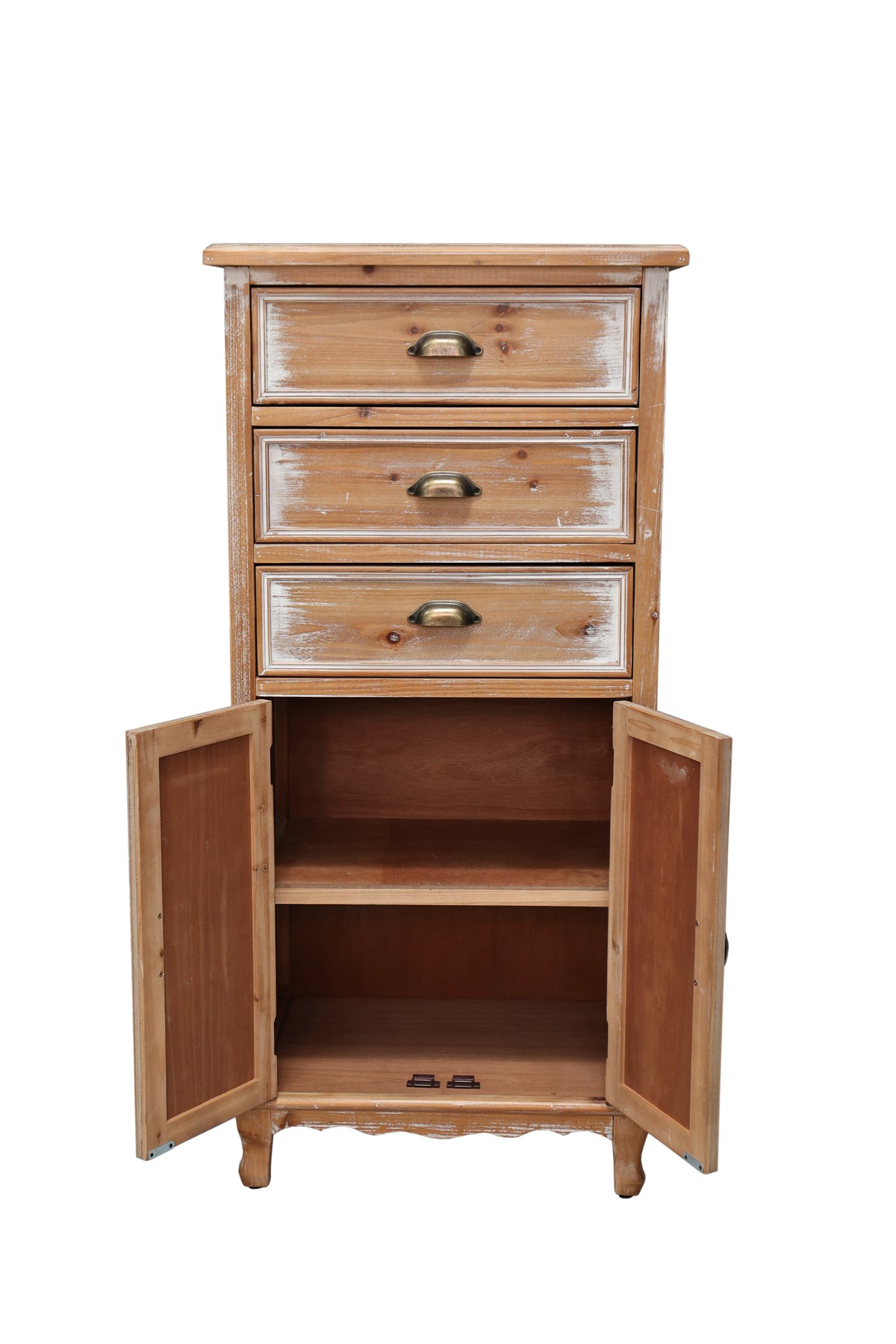 Rustic Wooden Storage Cabinet with Decorative Cutout Door & 3 Drawers - Distressed Wood
