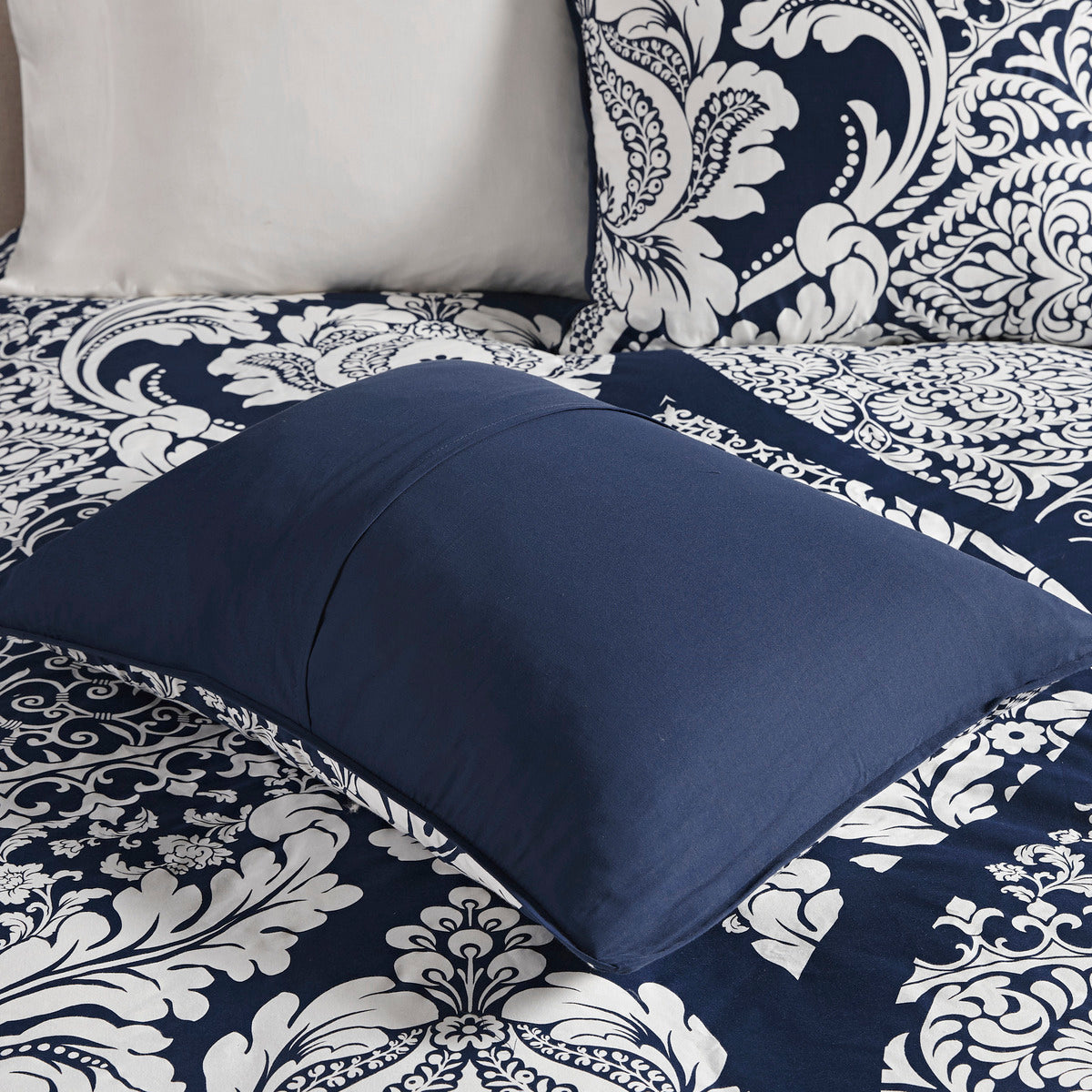 Indigo Cotton Comforter Set with Damask Pattern - Cal King, 7 Piece