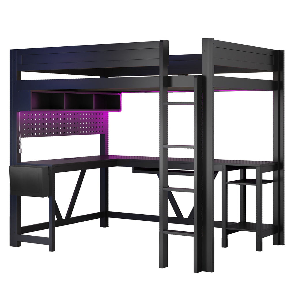 Gaming Loft Bed With Desk, Storage Shelves, LED and Charging Station - Full