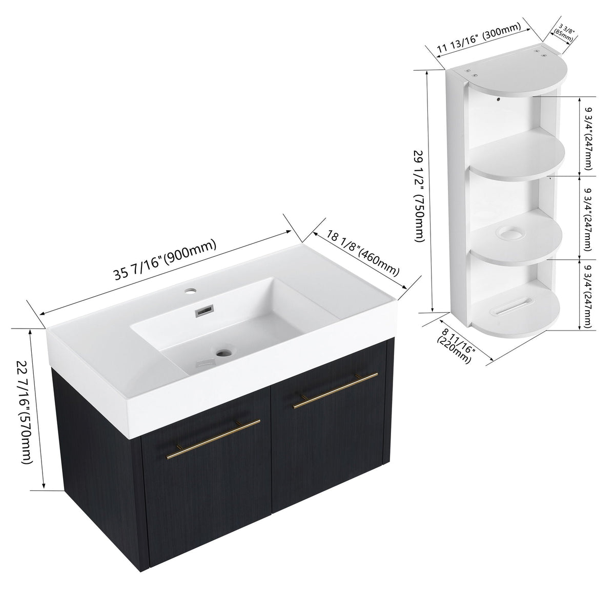 Modern Wall Mounted Bathroom Vanity With Thick Edge Resin Sink And Storage Rack