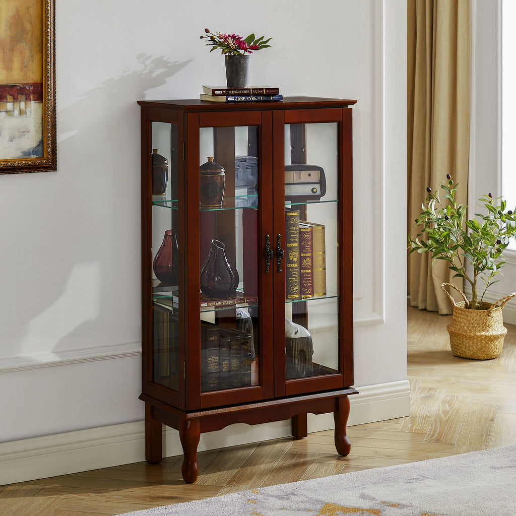 Lighted Curio Display Cabinet with Adjustable Shelves - Light Brown, Dark Brown, Dark Red